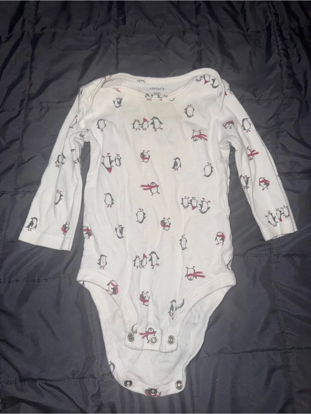Carter's White Long-Sleeve Penguin Print One-Piece